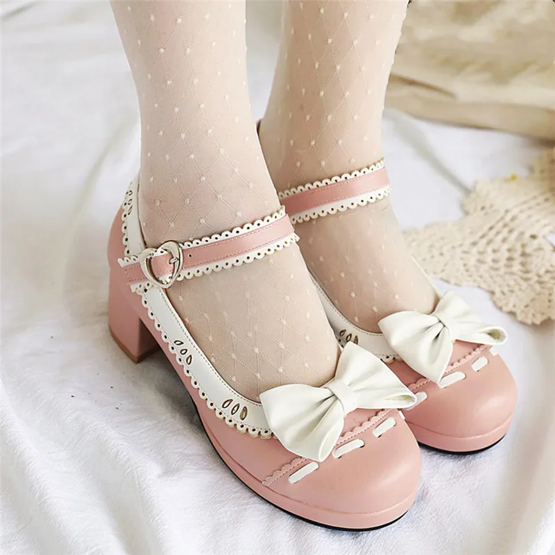 

Fashion Women Lolita Shoes Pink Mary Jane Ladies Round Toe High Heels Wedding Shoes Thick Heel Pumps Lady Shoes Plus Size 33 43