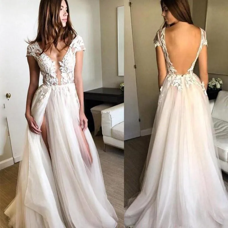 

Cap Sleeves A-line Tulle Wedding Dress 2020 Sexy High Split Backless Bridal Gown Party Beach Summer Vestidos De Noiva