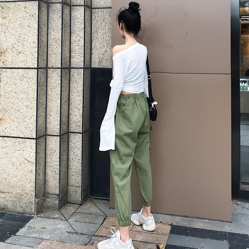 

Pants Women Letter Trendy Hip Hop Cargo Long Trousers Elegant Womens Korean Style Summer All-match Ladies High Elastic Waist New
