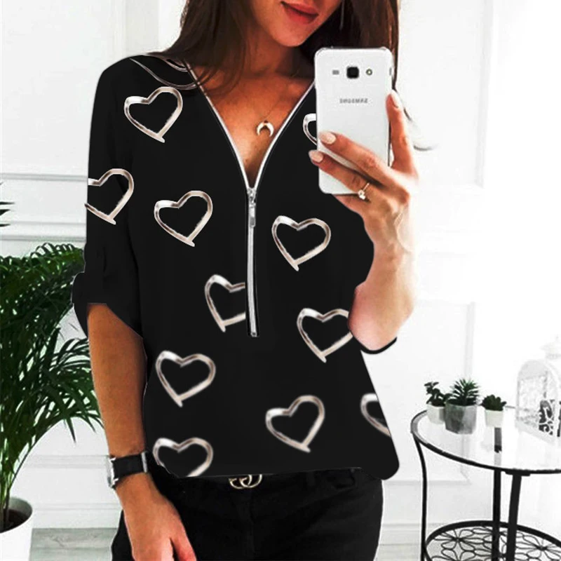 

New Spring 2021 Women All-Match Blouse Fashion Zipper Lace V Neck Long Sleeve Tops Casual Elegant Love Print Hedging Blouses 3XL
