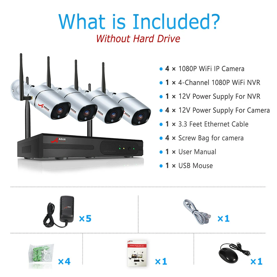 Водонепроницаемая наружная беспроводная IP-камера ANRAN H.265 1080P 4 канала Wi-Fi сетевой