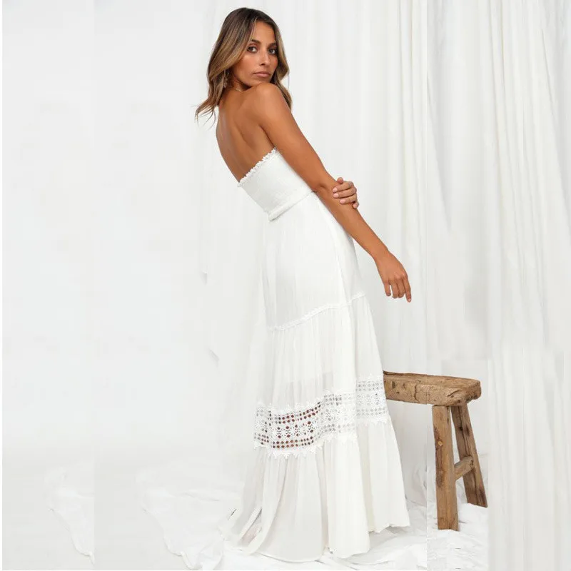 

Elegant Sexy Women Maxi Dress 2020 Summer Off Shoulder Hollow Out Loose White Dress Women