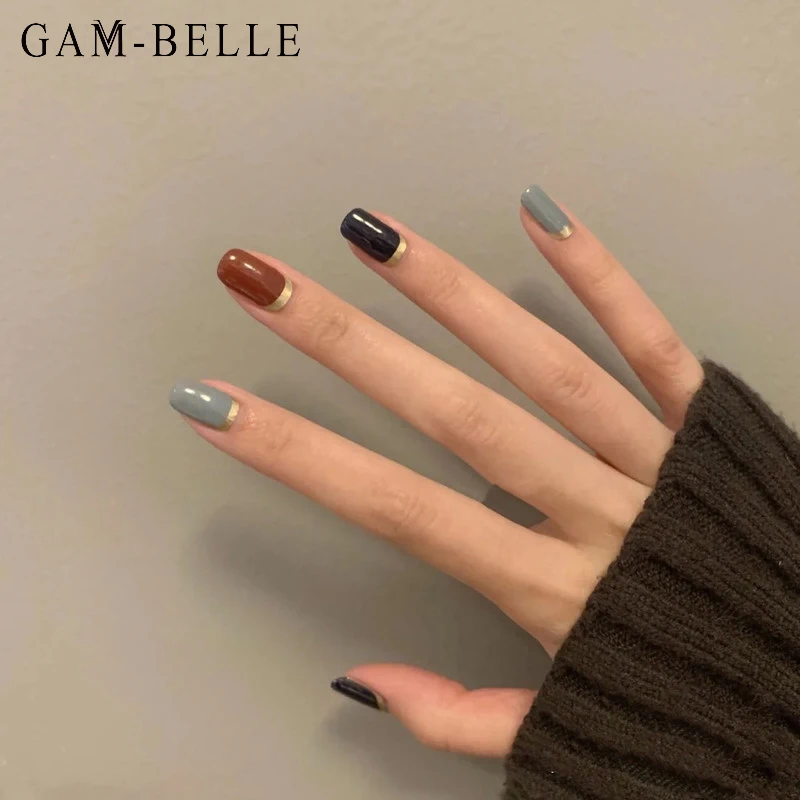 

GAM-BELLE Morandi Series Artificial Fake Nails French Gold Tips Full Luxury Autumn Winter Detachable False Nail Art Decoration