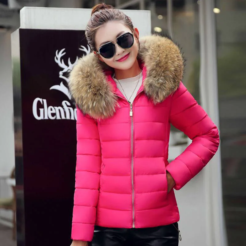 

M-6XL Plus Size Short Parka Winter Jacket Women Fur Collar Hooed Thick Warm Quilted Down Cotton Coat Slim Ladies Girls Outerwear