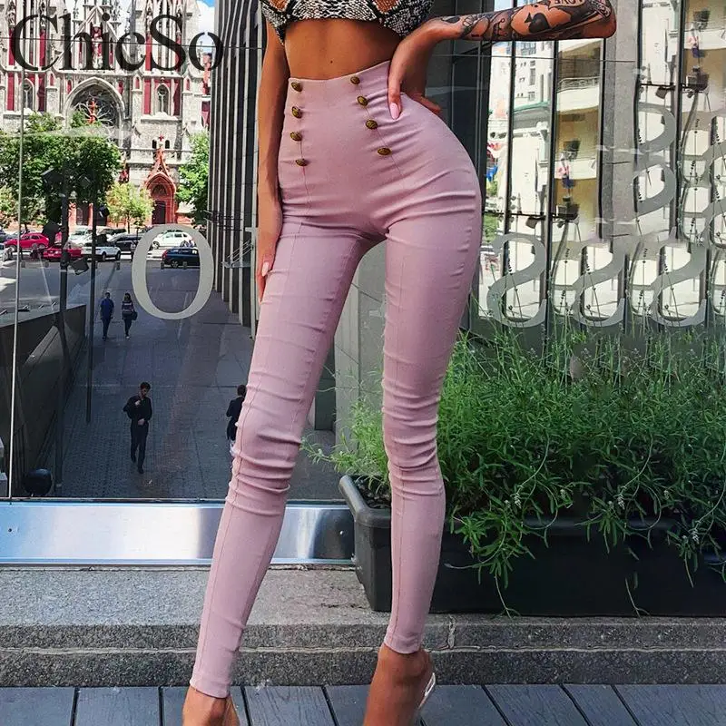 Женские узкие брюки MissyChilli трикотажные длинные с высокой талией на пуговицах