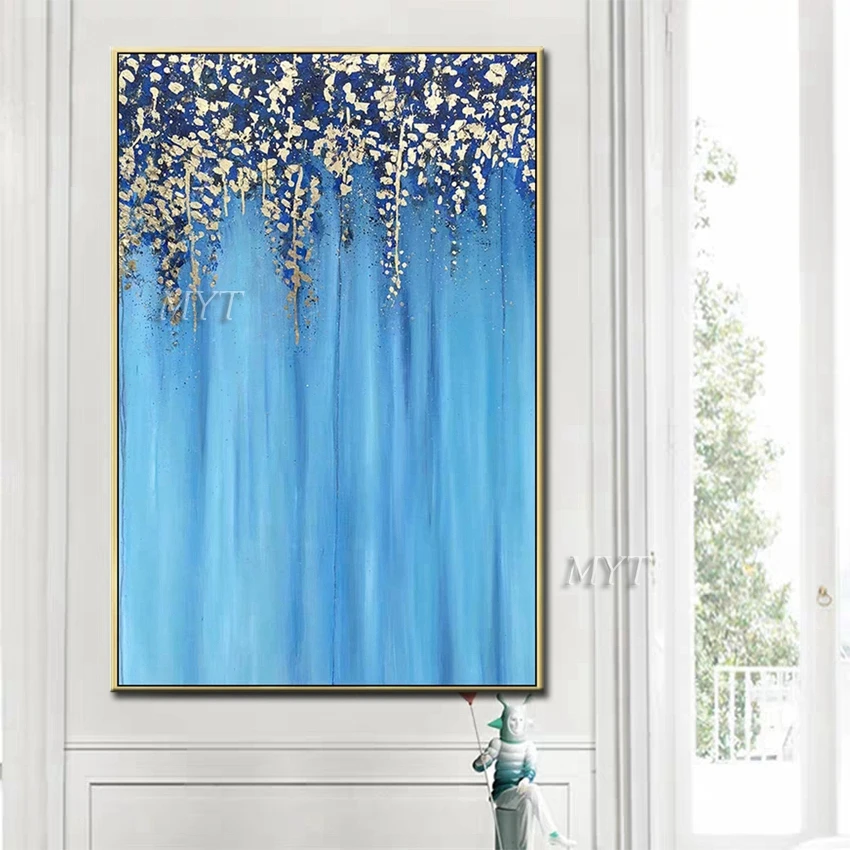 Золотые цветы и растения висят сверху ручной работы картина на холсте в современном стиле домашнего декора красивая.