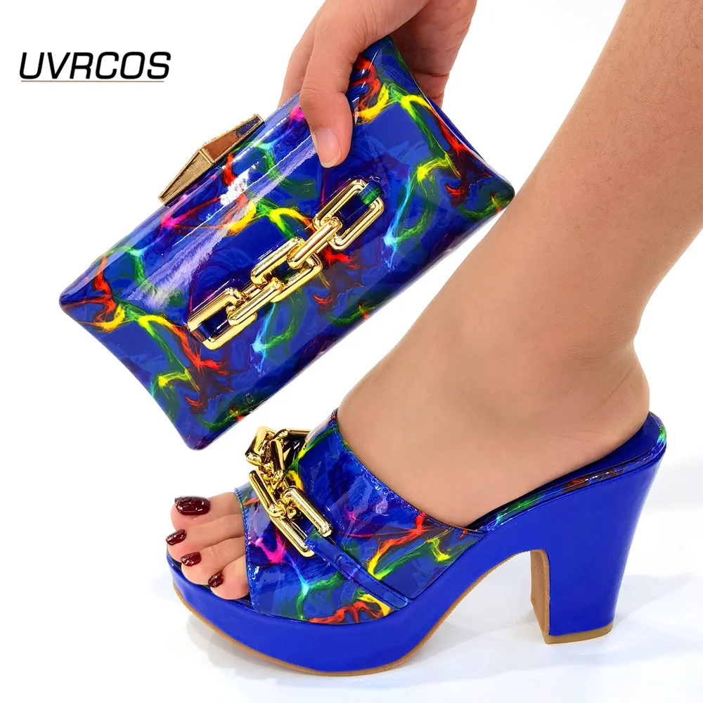 Latest Design Ladies Shoes and Bags To Match Nigerian Women Wedding Shoes and Bag Set with Blue Color Luxury Shoes for Party