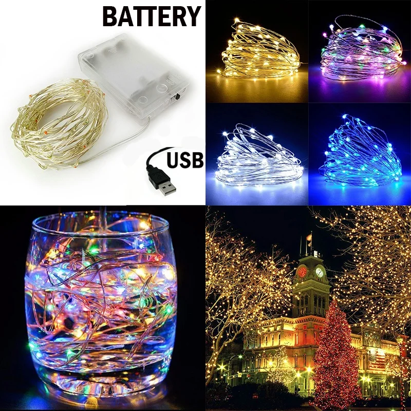 2/5/10 м 20/50/100LED USB/питание от аккумулятора медная проволока гирлянда на открытом