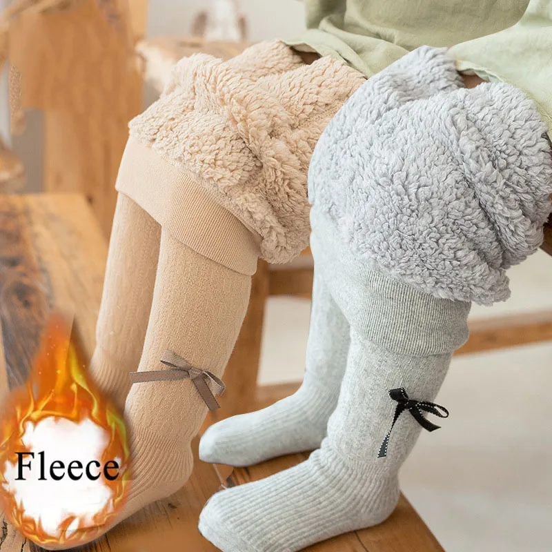 

Girls Fleece Warm Leggings Winter Thicken Tights for Kids Khaki Bow Cute Girl Pants Winter All-match Children Dance Pantyhose