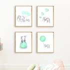 Мультяшный слон, выдувание воздушных шаров, принты, живопись, мята, зеленый воздушный шар, сердце, плакаты, картины, домашний декор для детской комнаты
