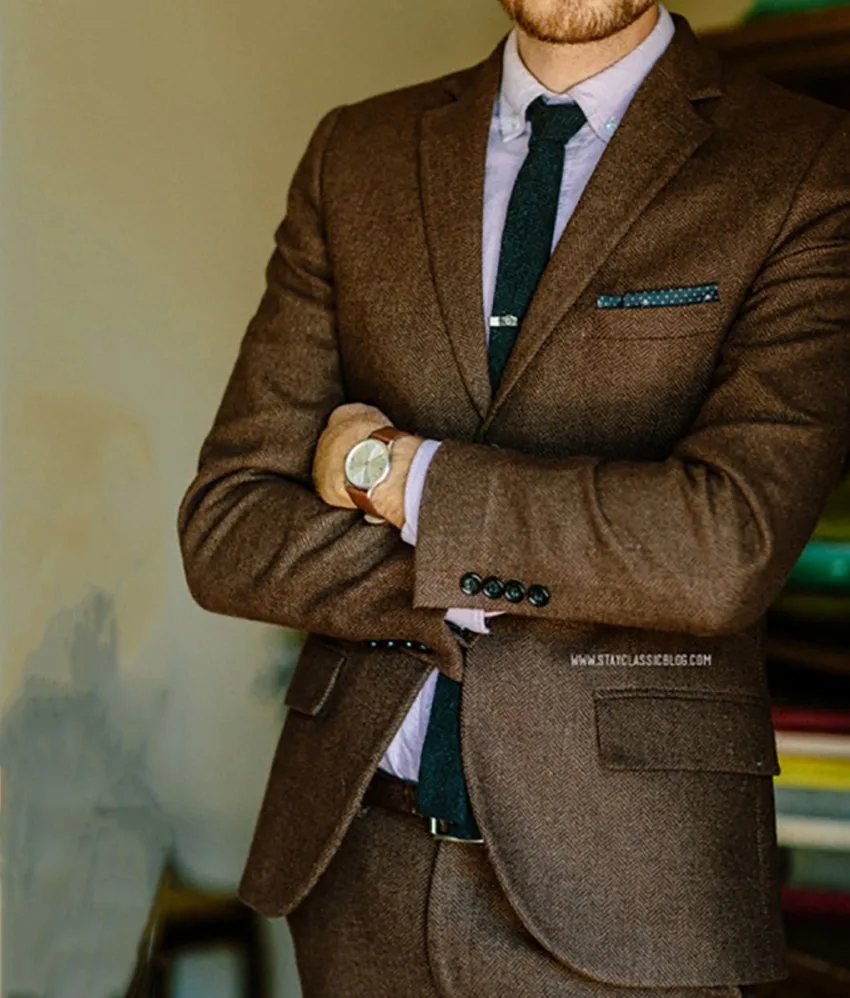 2020 Custom Made Brown Tweed Suits Men Formal Skinny Wedding Tuxedo Gentlemen Business Blazer 2 Piece Groom | Мужская одежда