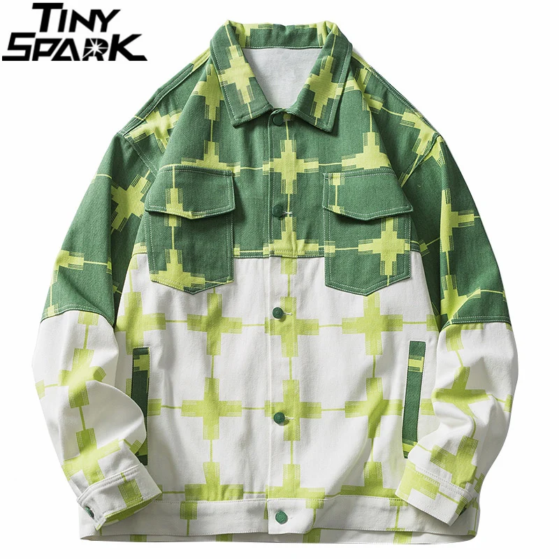 

Мужская джинсовая куртка в стиле хип-хоп, уличная цветная Лоскутная куртка с графическим принтом, 2021, осенняя Повседневная хлопковая куртка...