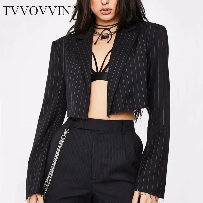 

TVVOVVIN 2020, Осень-зима, новинка, модная женская короткая куртка с вырезом, лацканами, в полоску, топы, пальто V08J