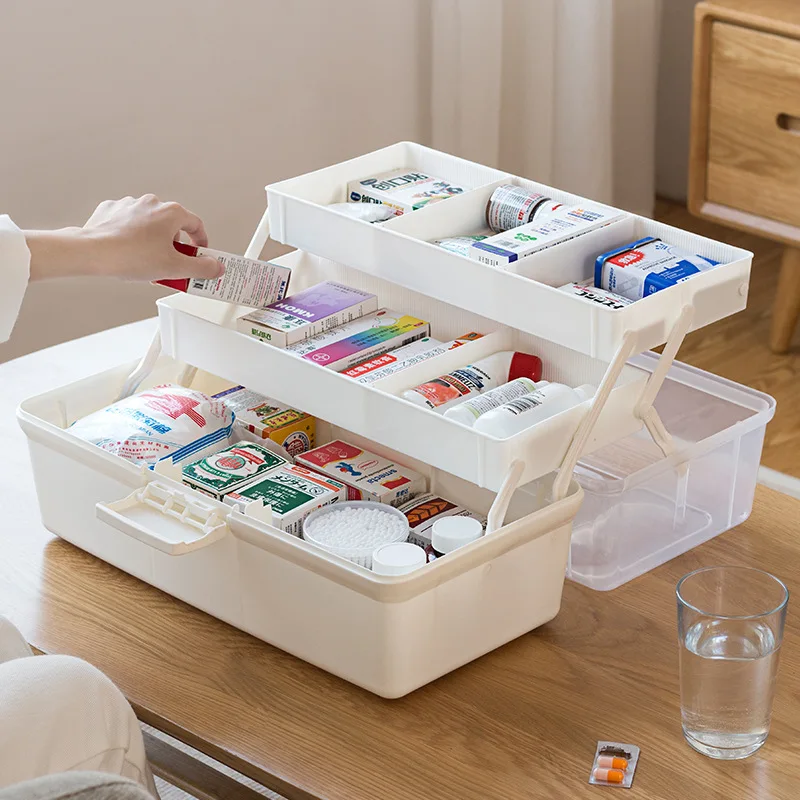 

Portable 3-Layer Large Capacity Portable First Aid Kit Storage Box Plastic Multi-Functional Family Emergency Kit Box with Handle