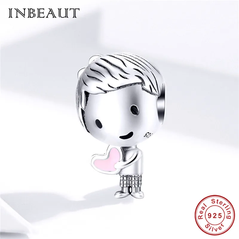

INBEAUT Real 925 Sterling Silver Pink Heart Boy Beads fit Brand Bracelet European DIY Male Student Charms New Arrival Jewelry