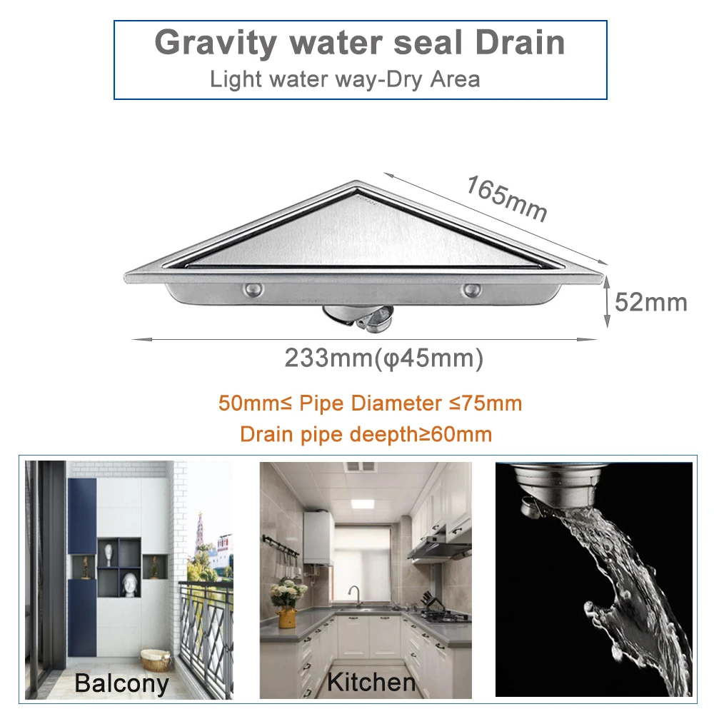 triangle floor drains invisible bathroom deodorant conner drain tile insert 304ss cover for shower anti backflow anti clogging free global shipping