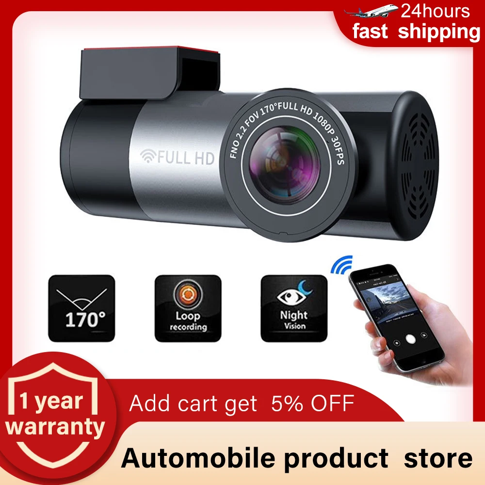 

Автомобильный видеорегистратор, Wi-Fi, Full HD 1080P, Передняя камера, угол обзора 150 °, циклическая запись, ночное видение, видеорегистратор, 24-часов...