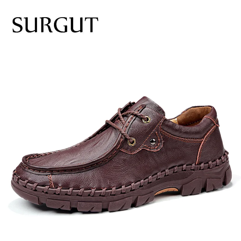 03 Brown Мужская официальная обувь из спилка SURGUT, деловые повседневные мокасины синего цвета на плоской подошве для осени и весны - Цвет: 03 Brown