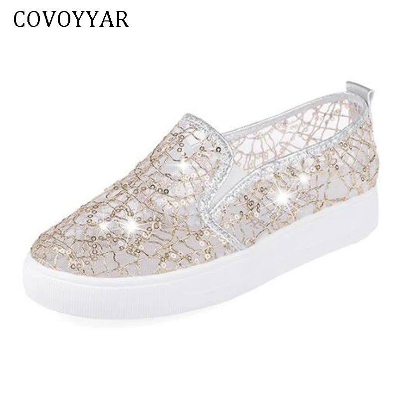 Женские дышащие кроссовки с кружевом COVOYYAR блестящие туфли на платформе сетчатые