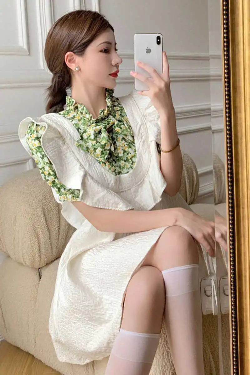 

DEAT 2021 New Spring And Summer Fashion Casual Short Shirt Slim Print Ruffle Baby Short Loose Dress Women SK538