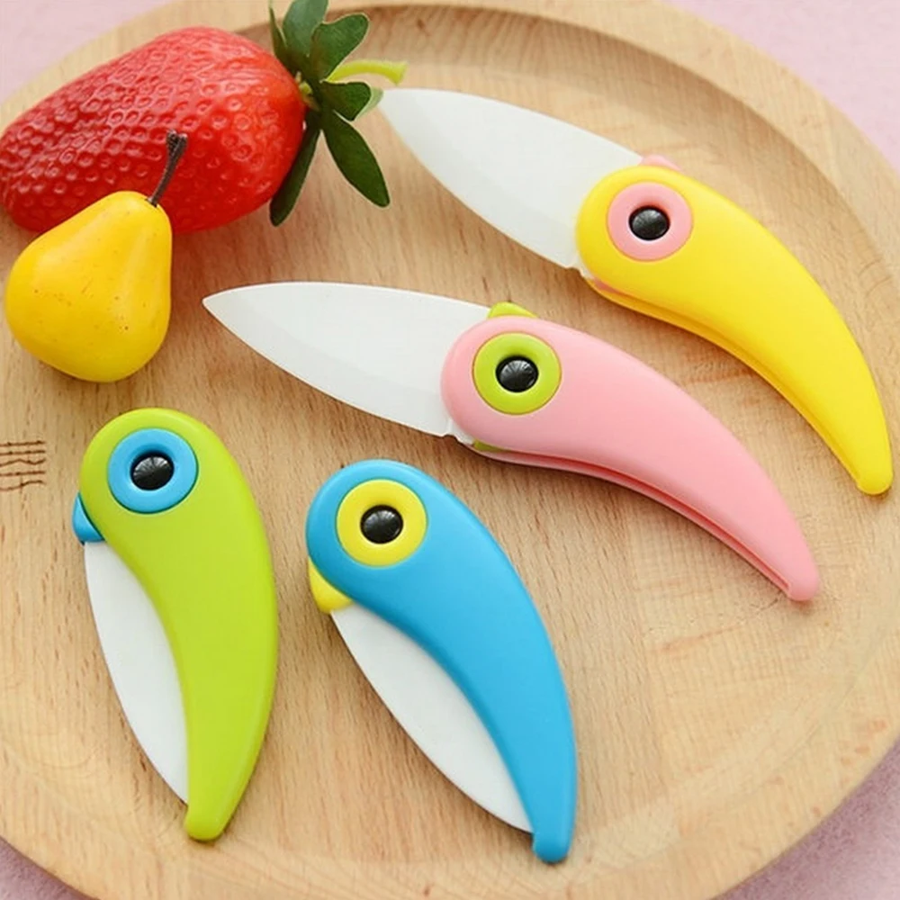 Pocket Fruit Knife Mini Blade Ceramic Pare Peeler Cute Parrot Shape Fold Cut Slice Cutlery Cutter Bird Pattern Kitchen Tools