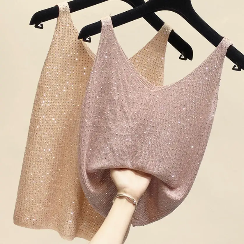 Вязаный жилет женский с V-образным вырезом стразы без рукавов ледяной шелк
