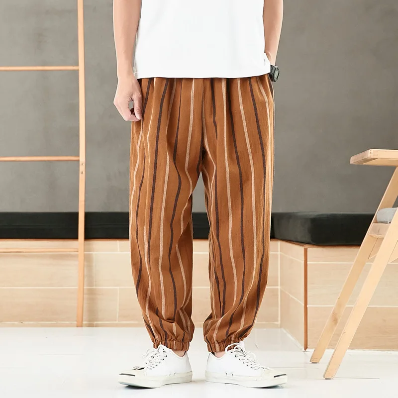 

Ropa De Hombre 2020 Summer New Chinese Style Striped Cotton Linen Cropped Pants Youth Large Size Loose Beam Feet Trousers