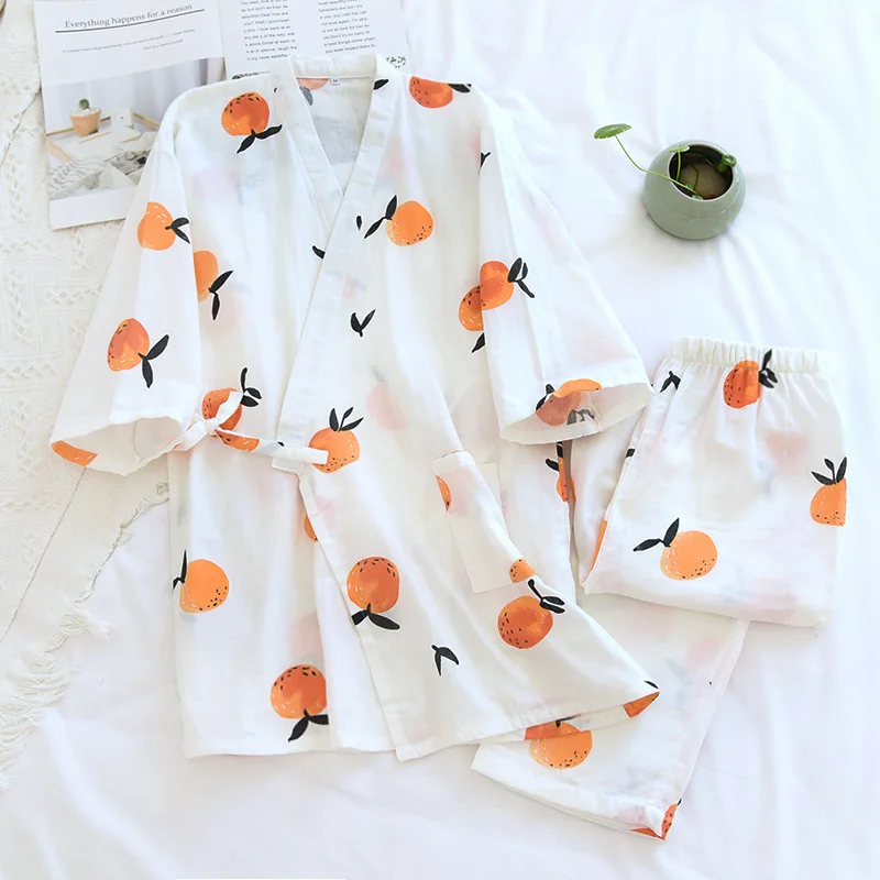 

Summer/Autumn Japanese Kimono Pajama Set Ladies 100% Cotton Pajamas for Women Two-piece Three-quarter Sleeve Trousers Homewear