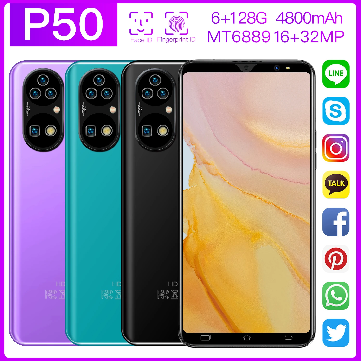

5.5inch P50 Smartphone 6GB+128GB Android10 16MP+32MP 4800mAh Battery MT6889 10-core Dual Card WiFi GPS 5G Network Mobile Phone