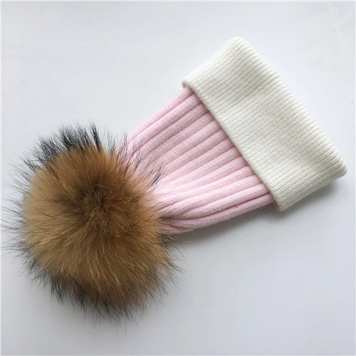 Pink-white N Зимняя шапка, модная шапка с натуральным мехом, женские шапки с помпоном, кашемировый шерстяной вязаный берет, меховая шапка с помпоном, шапка с большим мехом енота - Цвет: Pink-white N