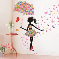 lovely butterflies fairy flower girl umbrella wall stickers for kids rooms bedroom living room home decor diy art wall decals
