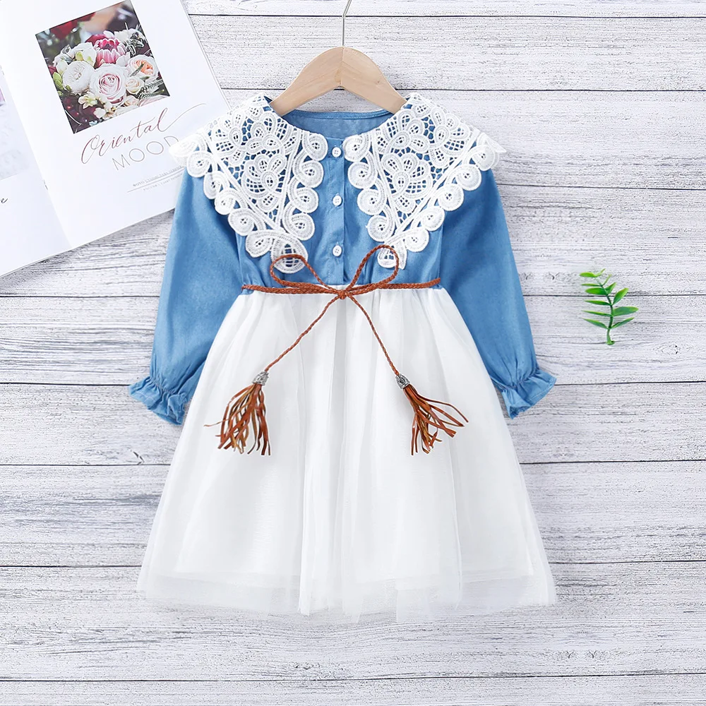 

Selling Spring And Summer Girl A Line Long Sleeve Cotton Tulle Lace Thin Section Korean Version 2021 Blue Fashion Princess Dress