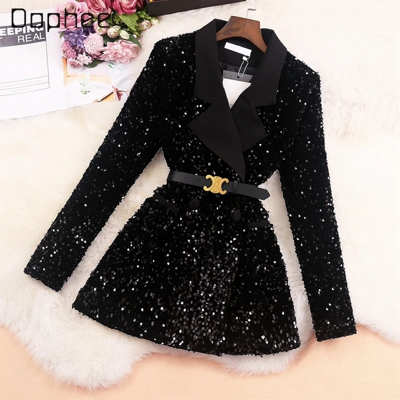 

2021 Spring New Women's Sequined Dress Suit Collar Western Style Shiny Sequin Coat Fashion Blazer Women