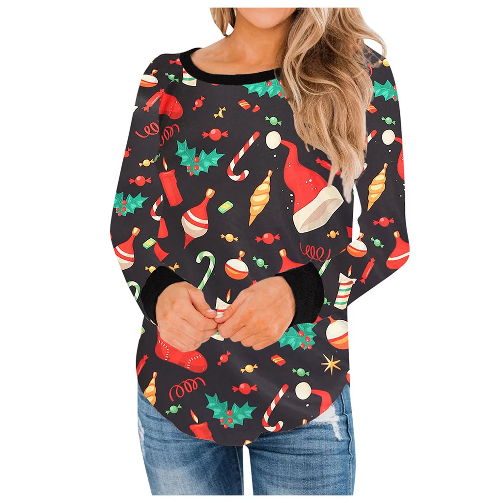Рождественский Женский пуловер с круглым вырезом и принтом длинный рукав