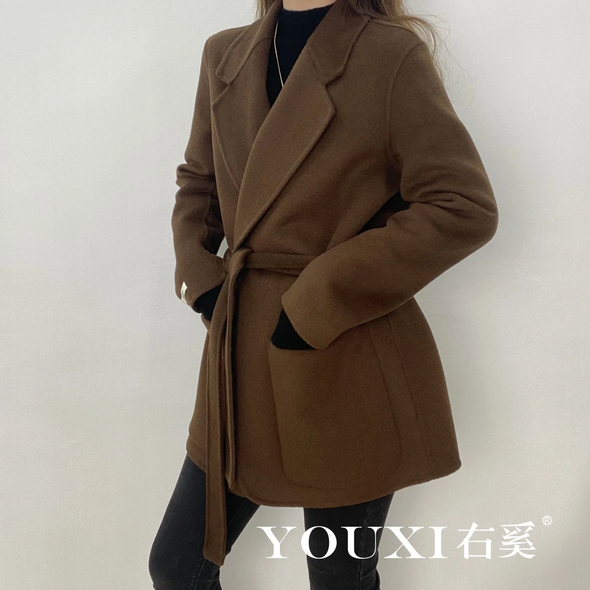 

Двустороннее кашемировое пальто из цельной шерсти, двустороннее нейлоновое пальто, новинка для осени и зимы, женская ночная рубашка, воротн...