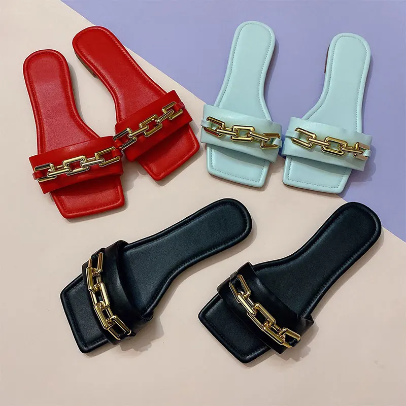 

Women's Temperament Slippers Metal Buckle Design Glamour Open Toe 2021 Vacation Beach Flat Sandals Casual Slippers Women's Shoes