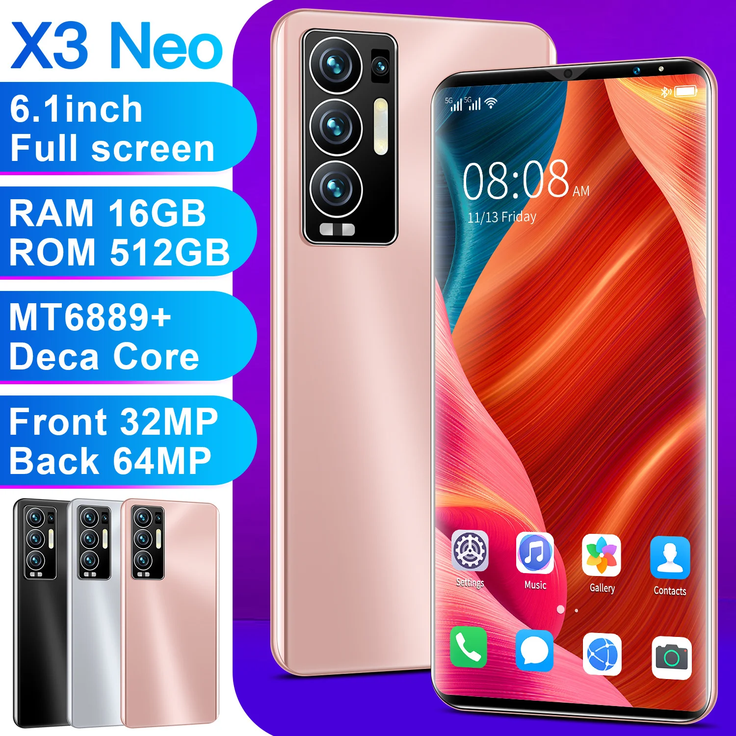 

Hot Sale X3 Neo 6.1 Inch 16GB 512GB 32MP 64MP Global Version Smartphone Face ID Android 11 6000mAh Snapdragon 888 Mobile Phone