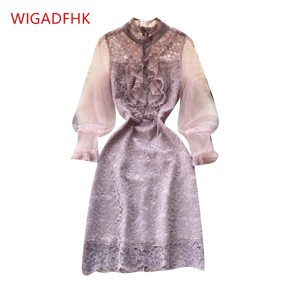 

High-end Light Luxury Fungus Lace Lace Embroidered Net Yarn Runway Dress 2022 Spring New Elegant Women's Office Party Vestidos