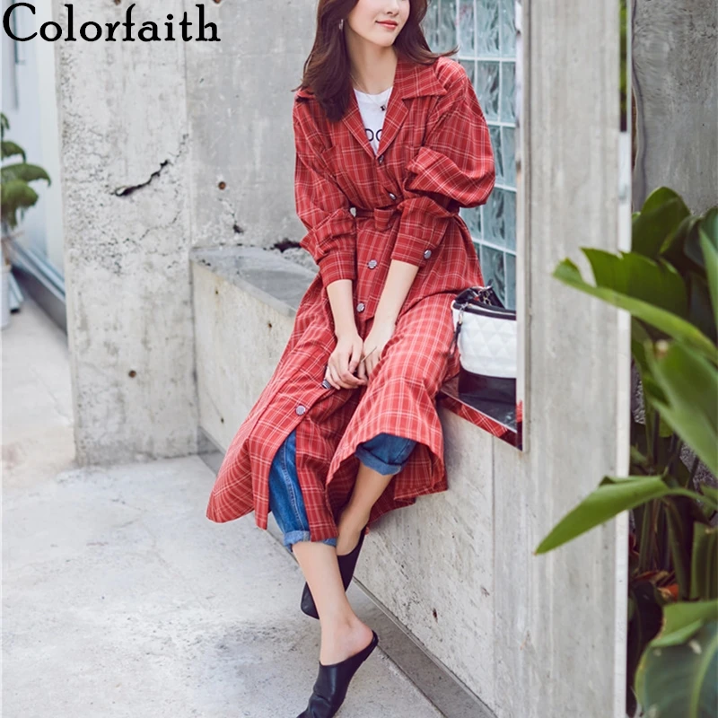 

Colorfaith New 2020 Autumn Winter Women Jackets Dresses Red Plaid Sashes Lace Up Elegant Blouses Checkered Outerwear Tops JK8528