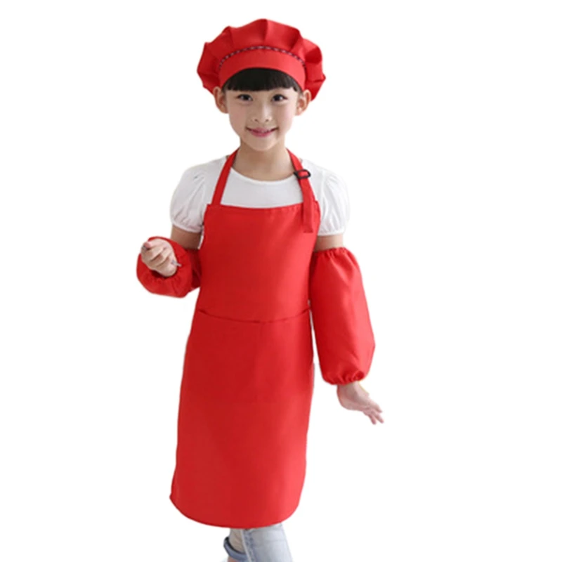 2x Kids Full Apron Bib Set with Pocket and Hat Sleeves Craft Kitchen Chef Cooking Art Children Diy Apparel Blue &amp Red | Дом и сад