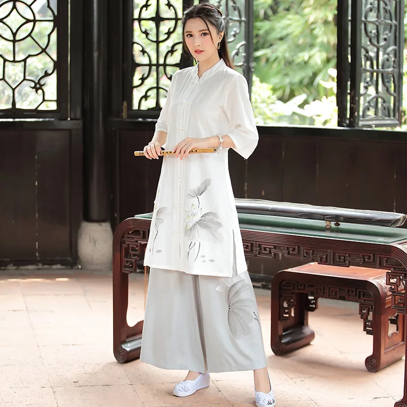 

Aransue 2021 Summer New National Style Printed Cotton And Linen Tea Suit Wide Leg Pants Leisure Two Piece Set
