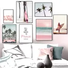 Картина с изображением девушки из Морского Пейзажа, розовая Настенная картина на пляже, скандинавский декор, настенные плакаты и принты для гостиной, FJ010