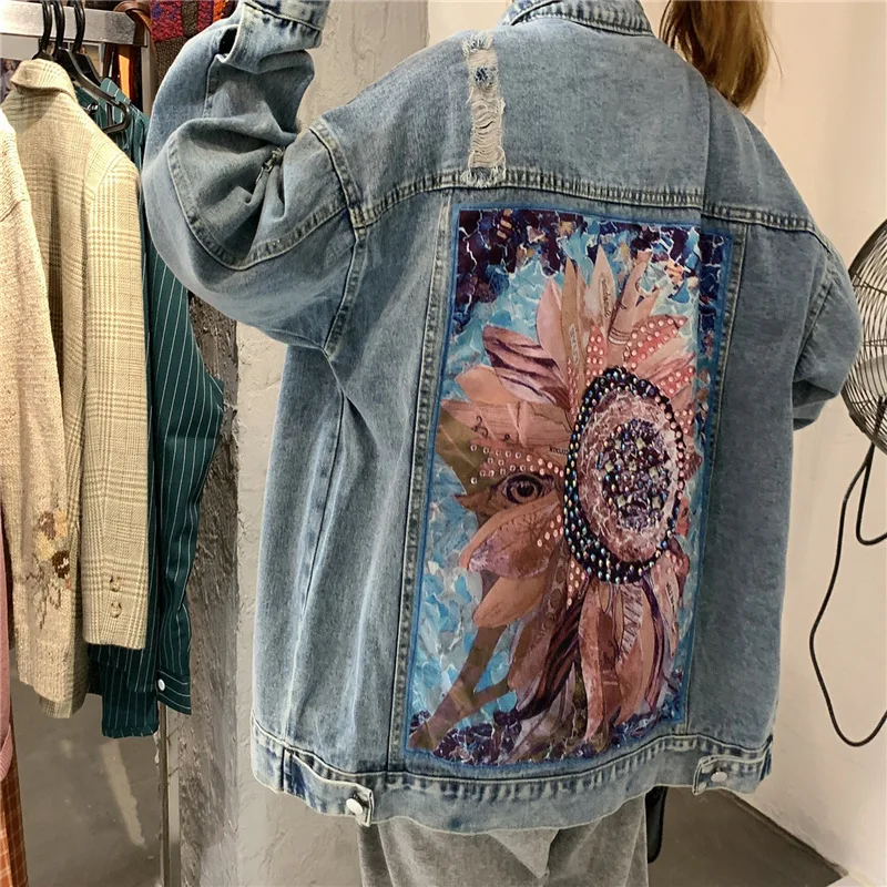 

YYCZF Women Denim Jacket Feminine Spring Autumn Boho Sequin Floral Appliques Embroidery Long Sleeve Outerwear Female Veste Femme