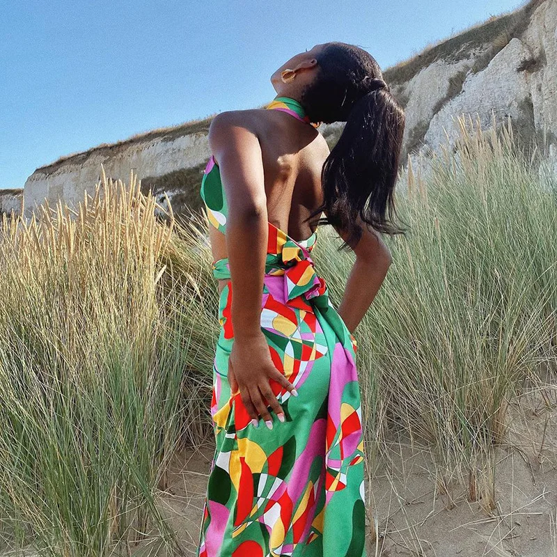 

Sexy Print Tracksuit Woman Suit Halter Bandage Tanks and Ruched Drawstring Skirts Matching Sets Skinny Slim Bodycon Casual Suits