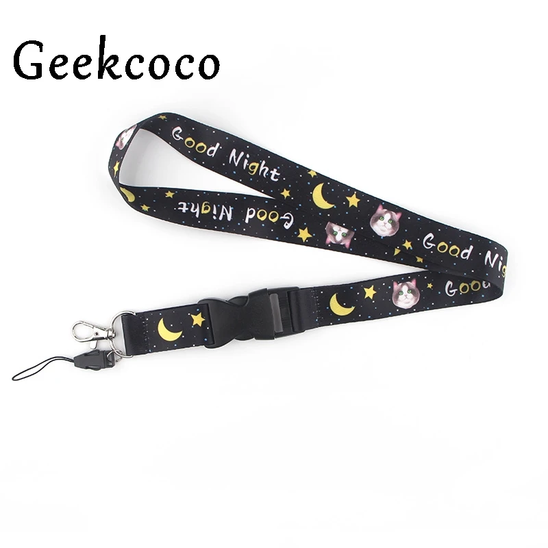 

Goodnight Cat Animal Black Keychain Strap Neck Straps Lanyards For Keys ID Card Gym Mobile Phone USB Badge Holder DIY Rope J0600