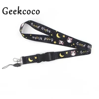 goodnight cat animal black keychain strap neck straps lanyards for keys id card gym mobile phone usb badge holder diy rope j0600
