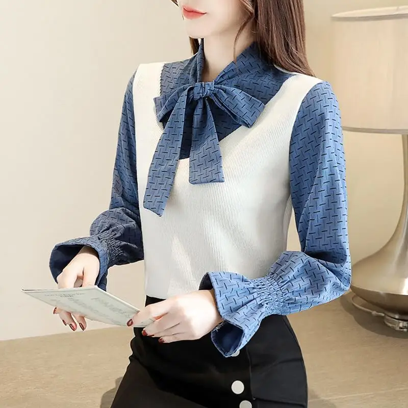 

Женская офисная блузка с длинным рукавом, Повседневная Свободная рубашка с принтом и бантом, элегантный топ с отложным воротником, R144, весна...