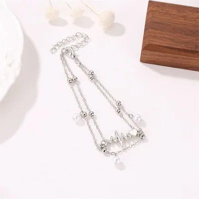 

Women Summer Charm Foot Ornaments Fashion Double Pearl ECG Foot Ornaments Ladies Anklet Metal Accessories Gift
