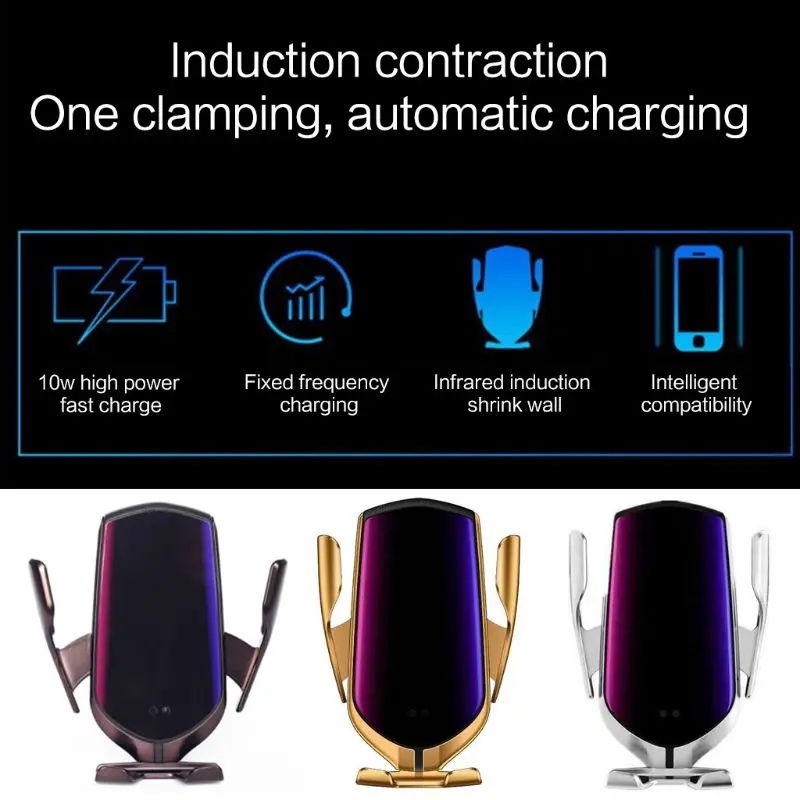 

Smart Automatic Upgraded Version R2 Infrared Sensor Car Phone Holder Clamping Air Vent 10W Fast Charging Wireless Chargers