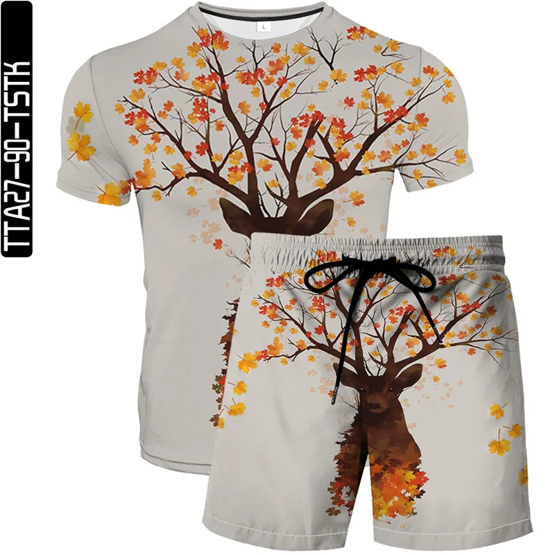 

Summer new style men's beach pants fashion boutique T-shirt 2-piece set 3D digital printing animal deer cute couple outfit S-6XL